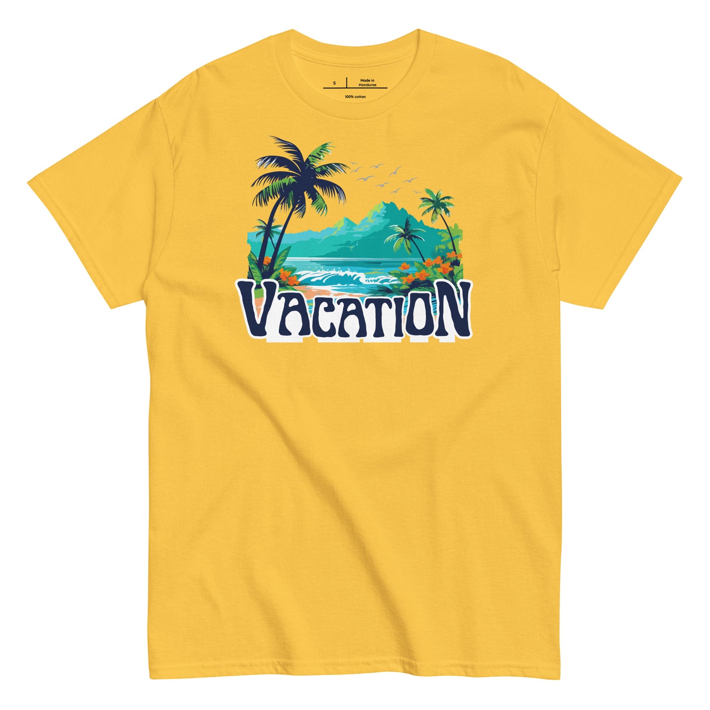 Yellow t-shirt with 'Vacation' graphic design featuring palm trees and a beach on a white background.