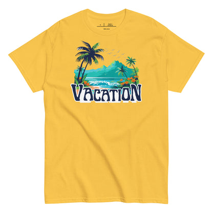 Yellow t-shirt with 'Vacation' graphic design featuring palm trees and a beach on a white background.