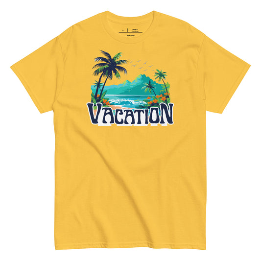 Yellow t-shirt with 'Vacation' graphic design featuring palm trees and a beach on a white background.