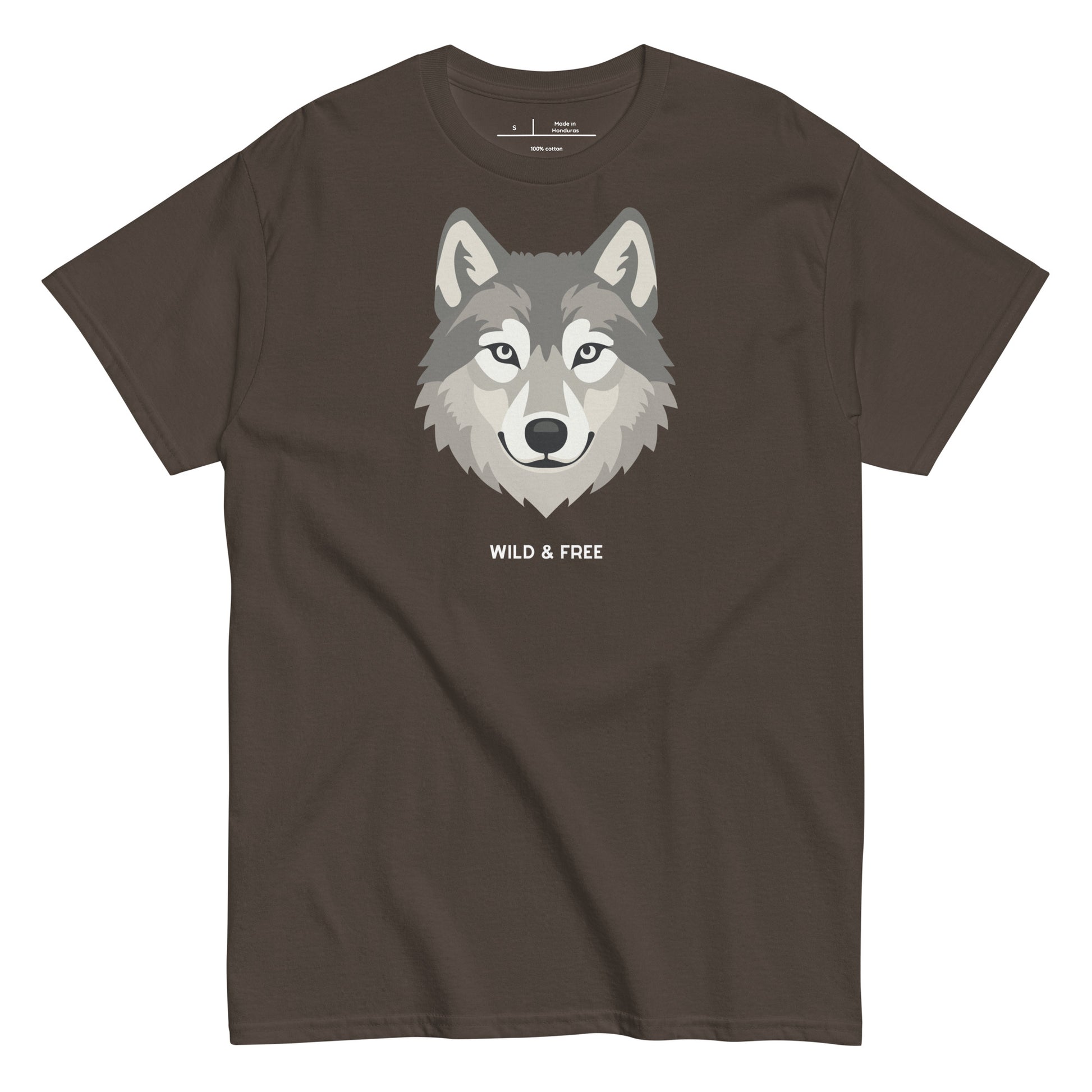 Brown t-shirt with a wolf graphic and 'Wild & Free' text on a white background