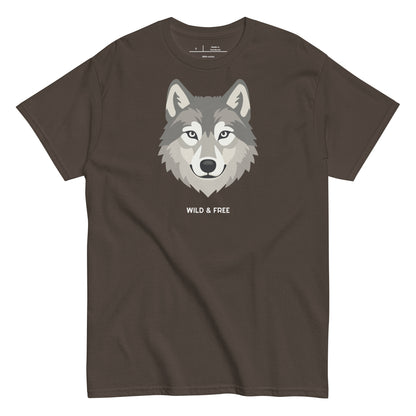 Brown t-shirt with a wolf graphic and 'Wild & Free' text on a white background