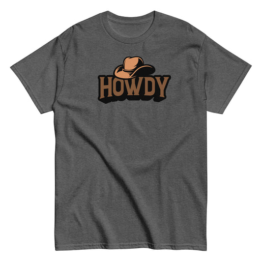 Gray t-shirt with 'HOWDY' and cowboy hat graphic on a white background