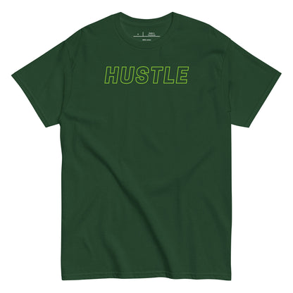 Green t-shirt with 'HUSTLE' text on a white background