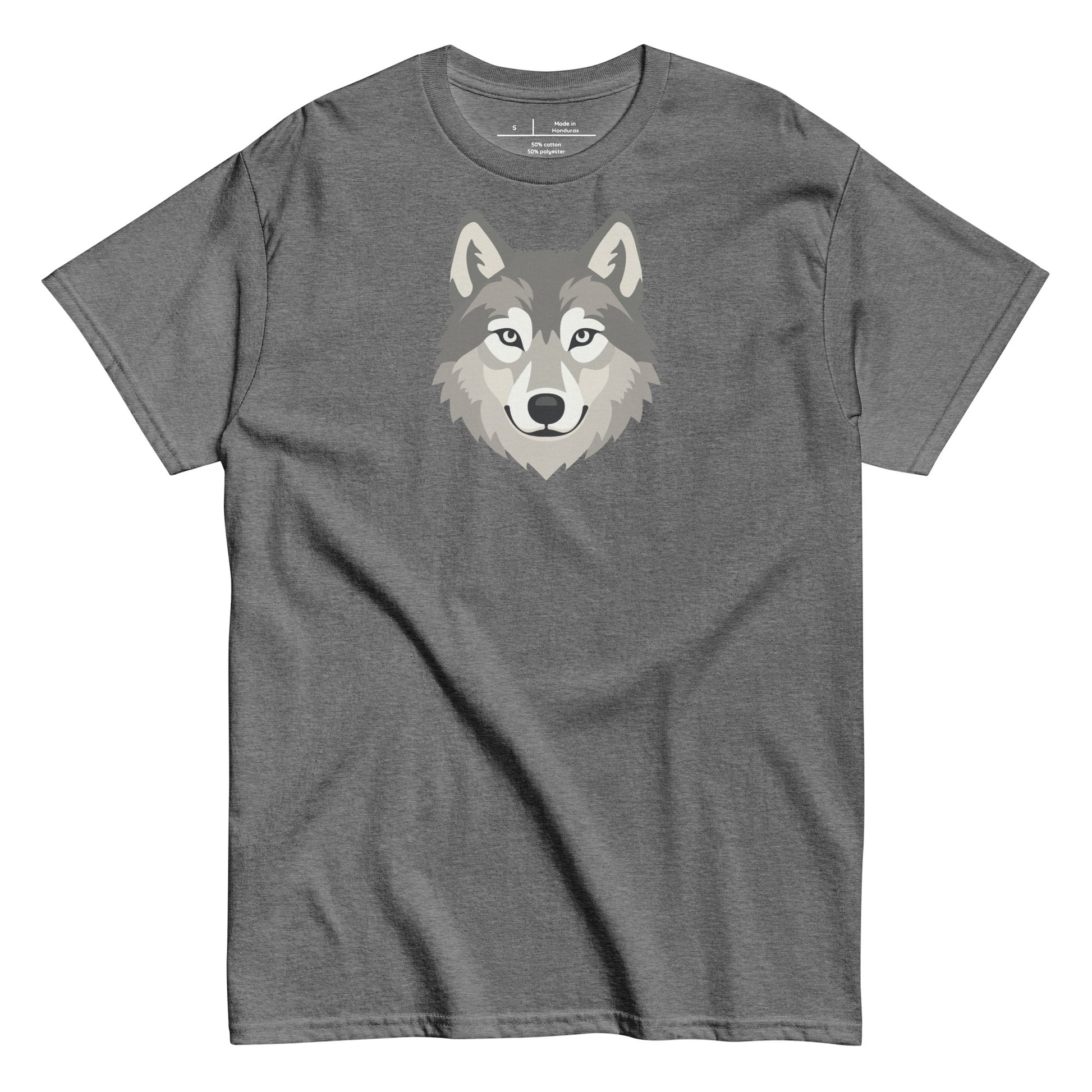 Gray t-shirt with a wolf graphic on a white background