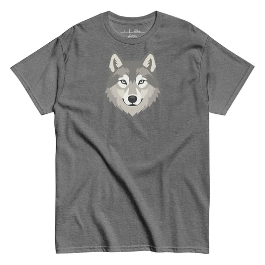Gray t-shirt with a wolf graphic on a white background