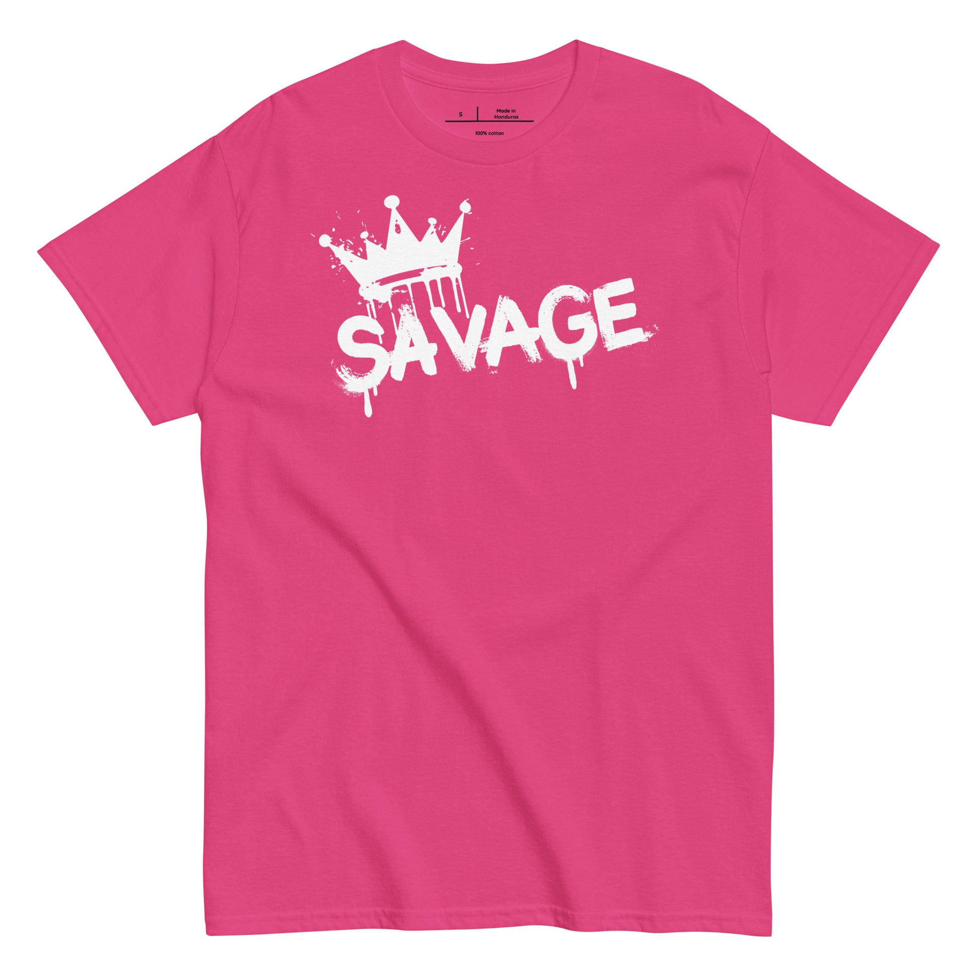 Pink t-shirt with 'SAVAGE' print on a white background