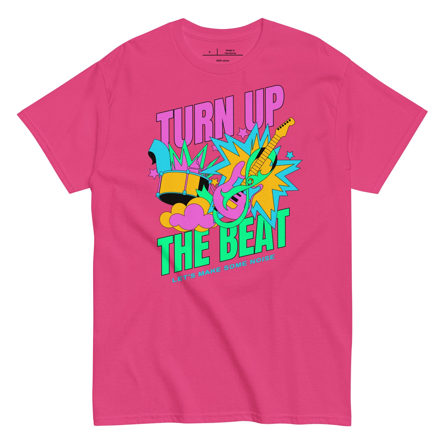 Pink t-shirt with colorful graphic and text 'Turn Up The Beat' on a white background