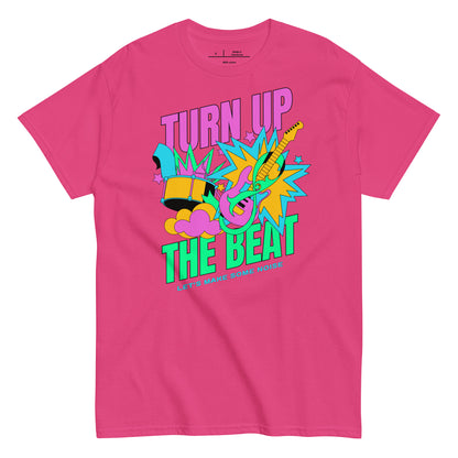 Pink t-shirt with colorful graphic and text 'Turn Up The Beat' on a white background