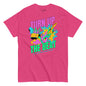 Pink t-shirt with colorful graphic and text 'Turn Up The Beat' on a white background