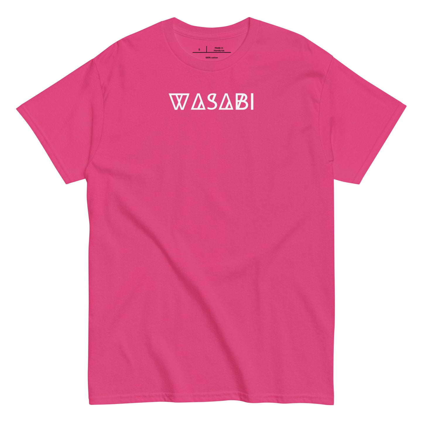 Pink t-shirt with 'WASABI' text on a white background