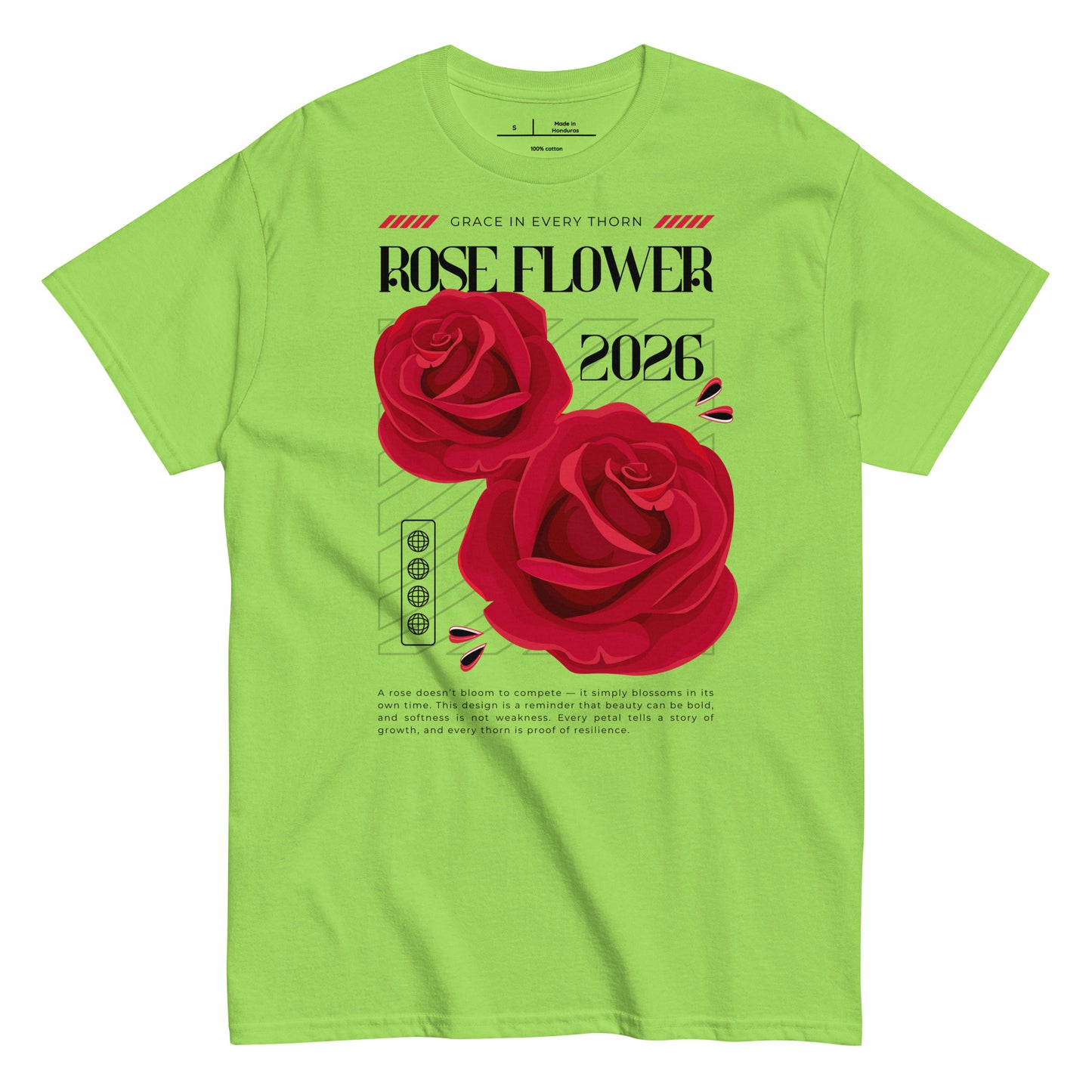 Green t-shirt with red roses and text on a white background