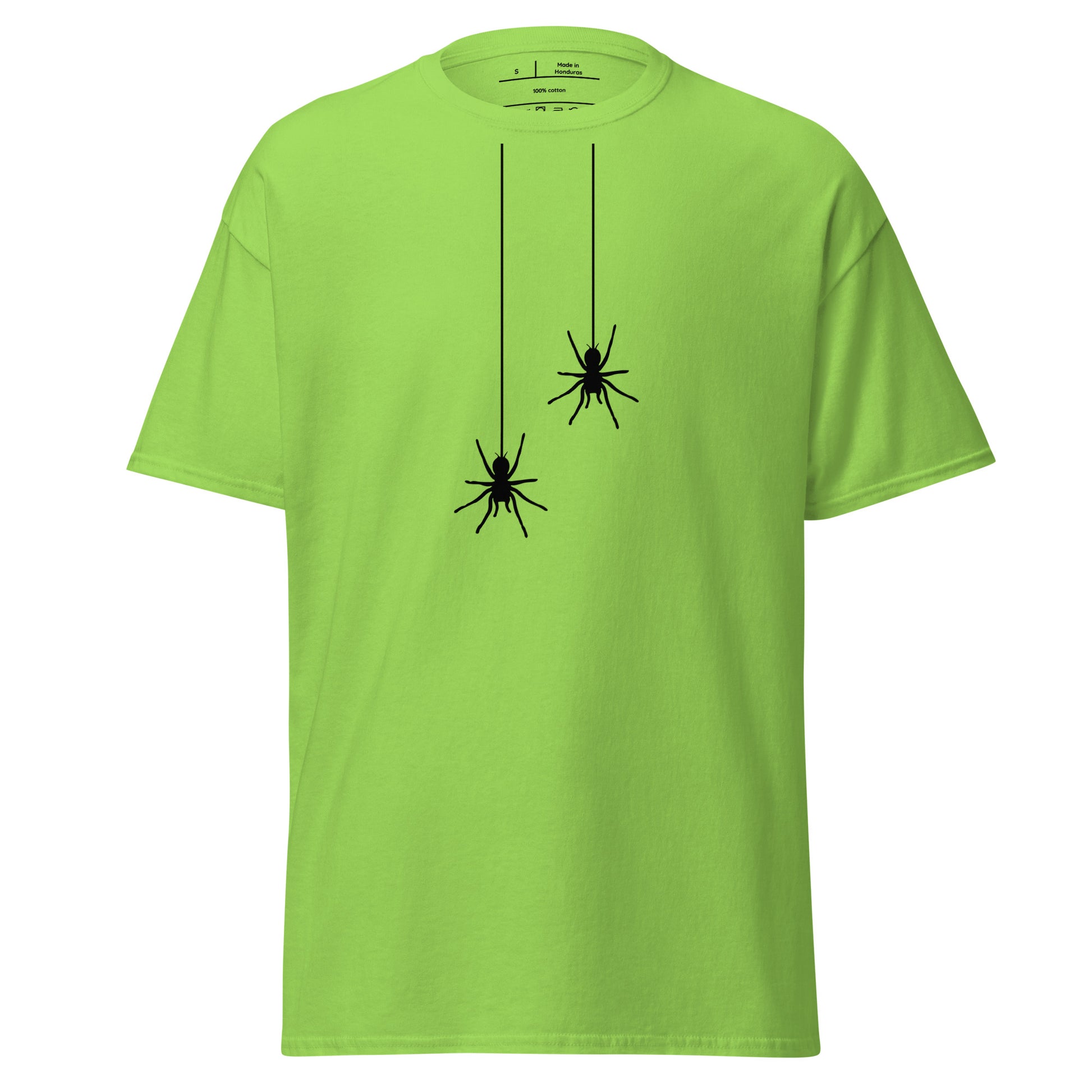 Green t-shirt with black spider design on a white background