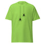 Green t-shirt with black spider design on a white background