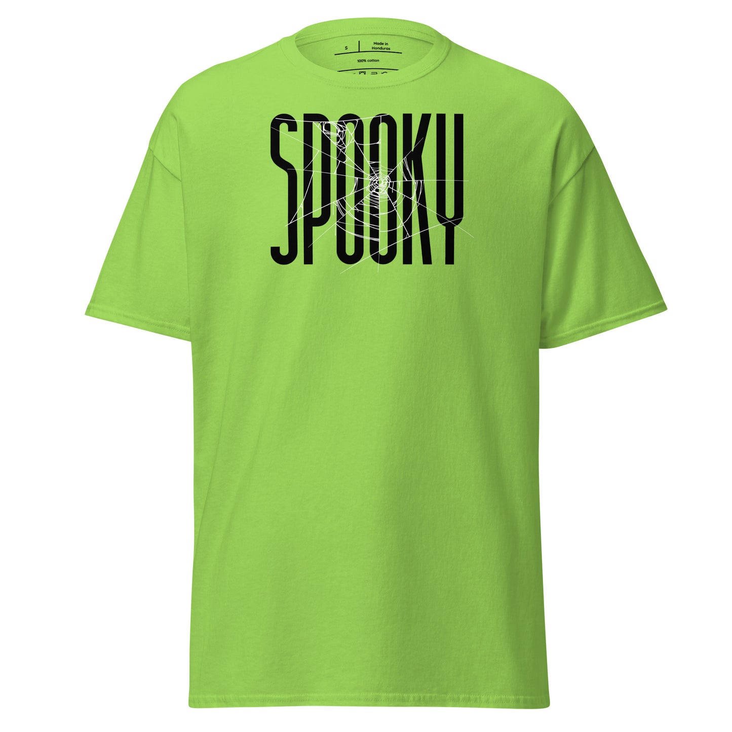 Green t-shirt with 'SPooky' text on a white background