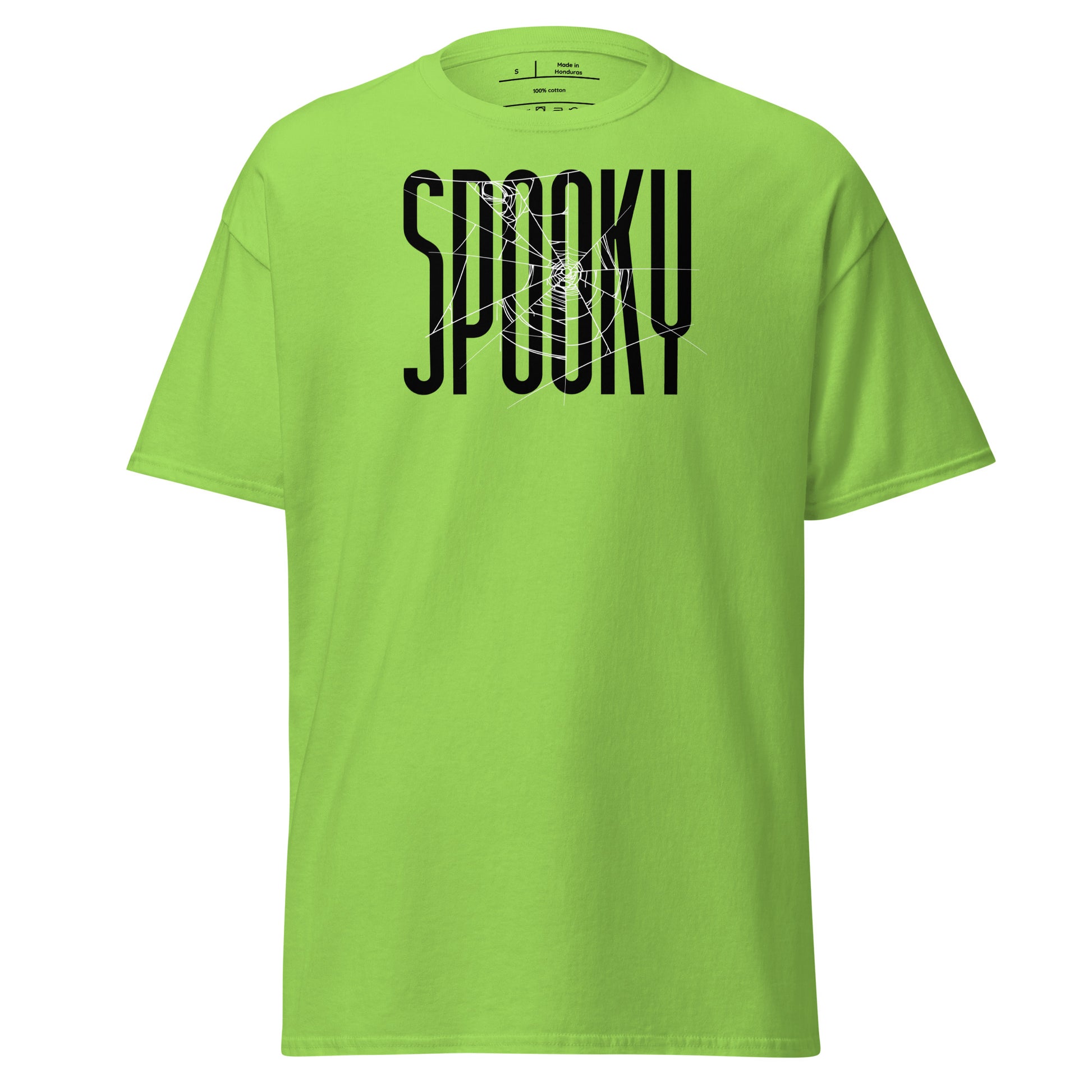 Green t-shirt with 'SPooky' text on a white background