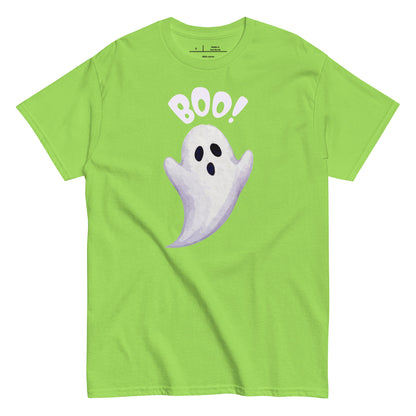 Green t-shirt with a ghost and 'BOO!' text on a white background