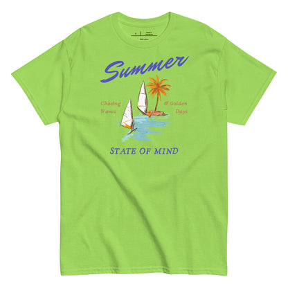 Green t-shirt with summer graphic design featuring a sailboat and palm trees on a white background.