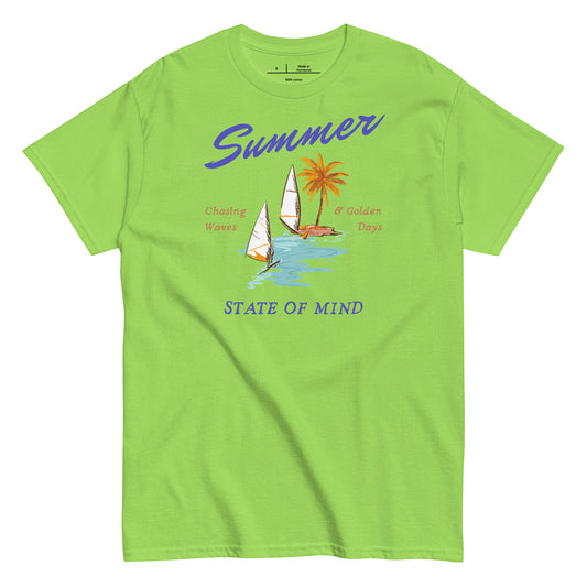 Green t-shirt with summer graphic design featuring a sailboat and palm trees on a white background.