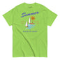 Green t-shirt with summer graphic design featuring a sailboat and palm trees on a white background.