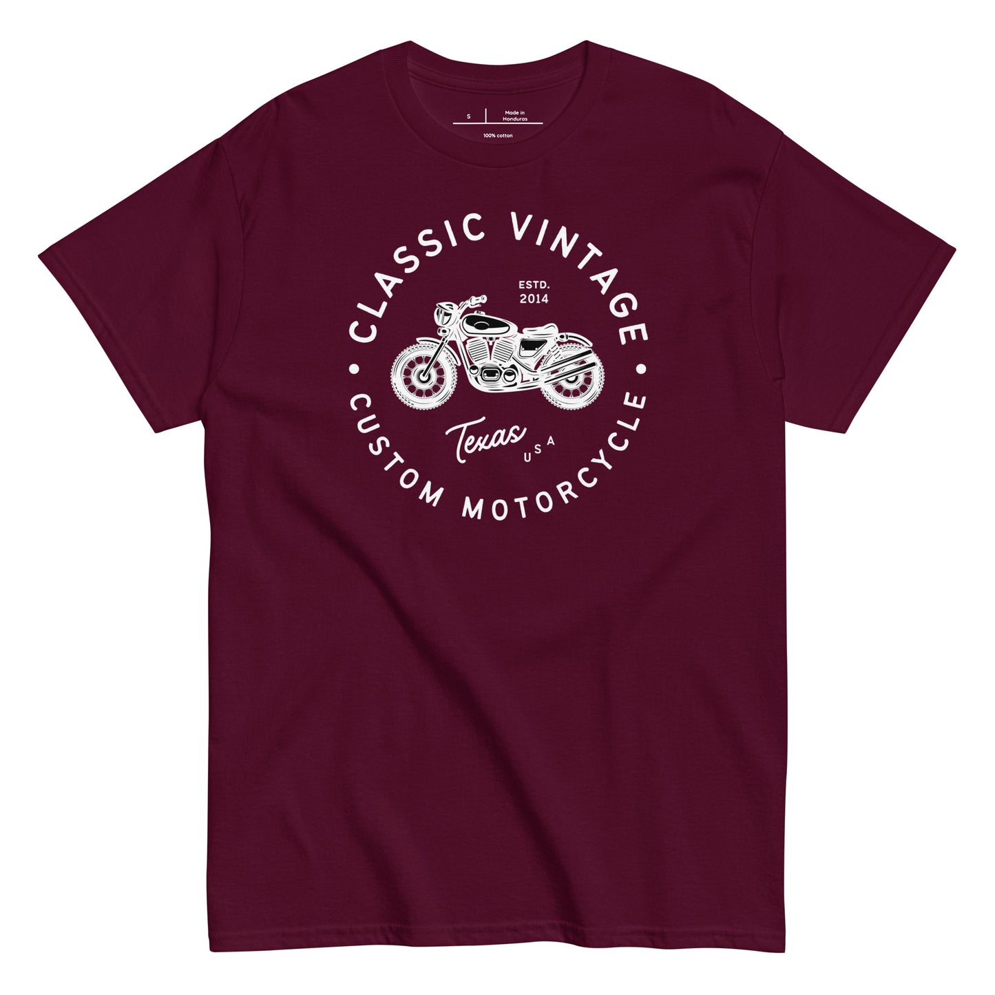 Maroon t-shirt with white graphic and text on a white background