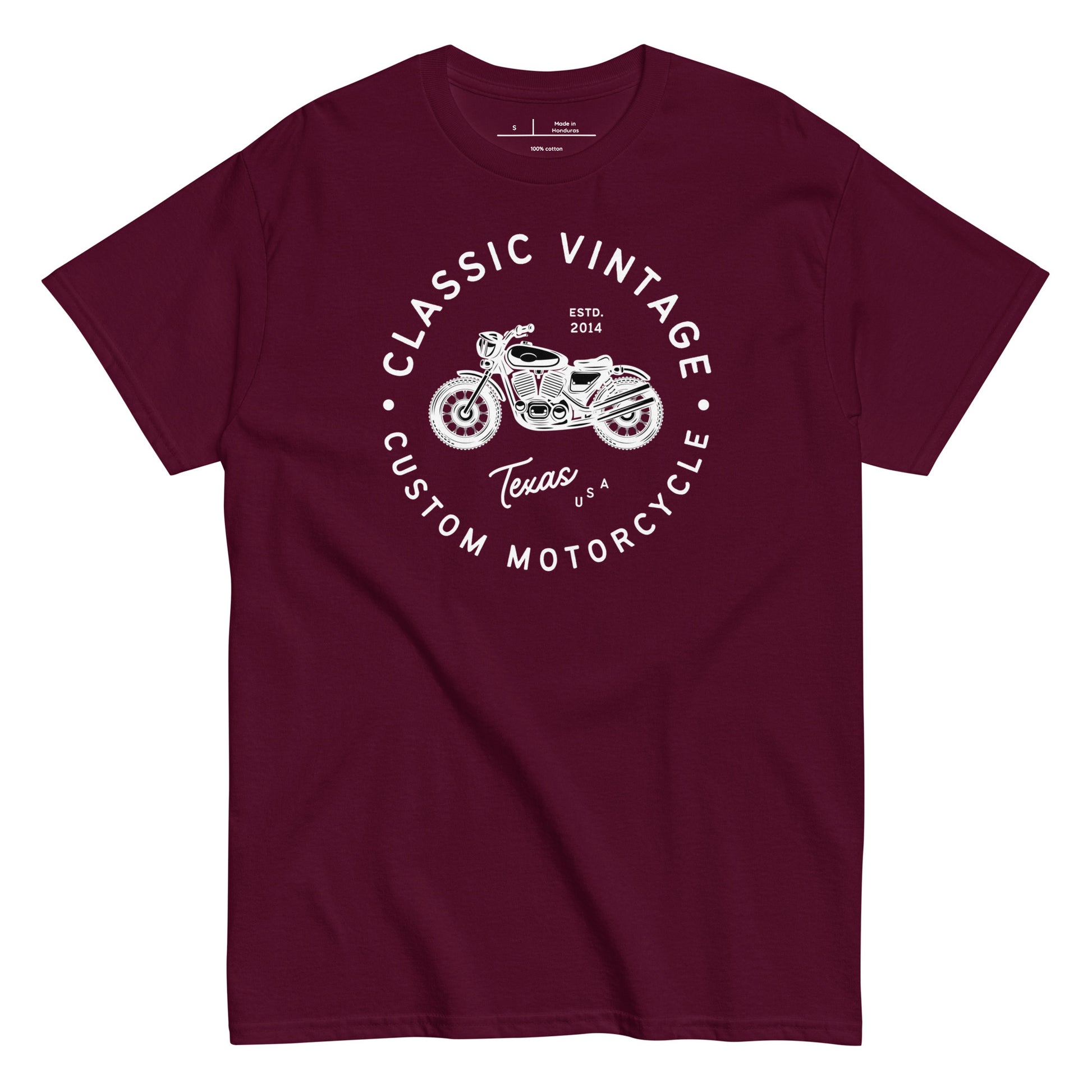 Maroon t-shirt with white graphic and text on a white background