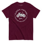 Maroon t-shirt with white graphic and text on a white background