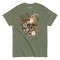 Green t-shirt with a skull and floral design on a white background