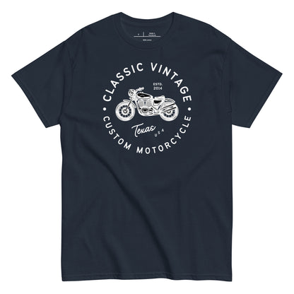Navy blue t-shirt with white graphic and text on a white background
