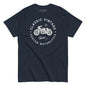 Navy blue t-shirt with white graphic and text on a white background