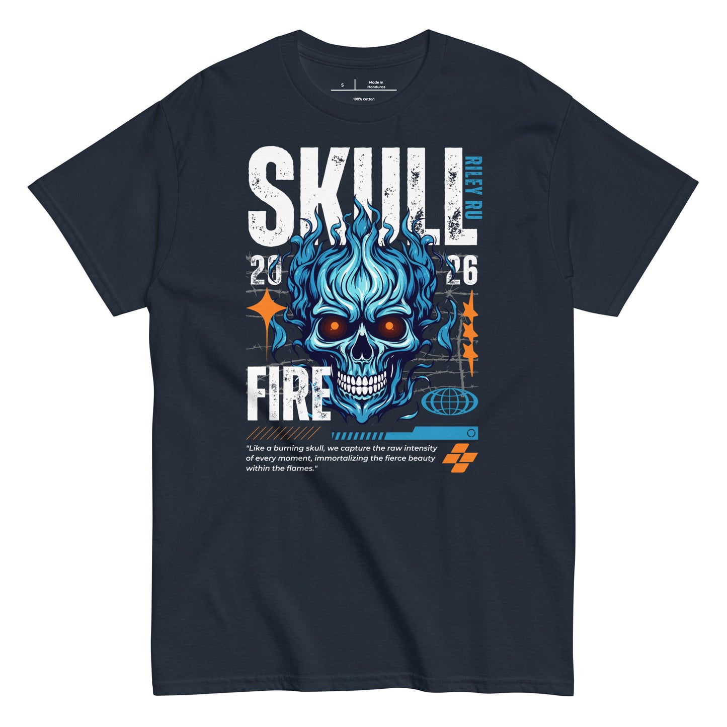 Black t-shirt with blue skull design and text on a white background