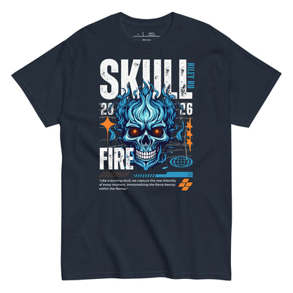 Black t-shirt with blue skull design and text on a white background