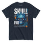 Black t-shirt with blue skull design and text on a white background
