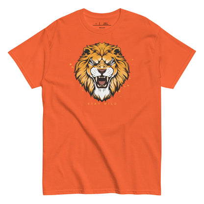 Orange t-shirt with a lion graphic and 'Stay Wild' text on a white background