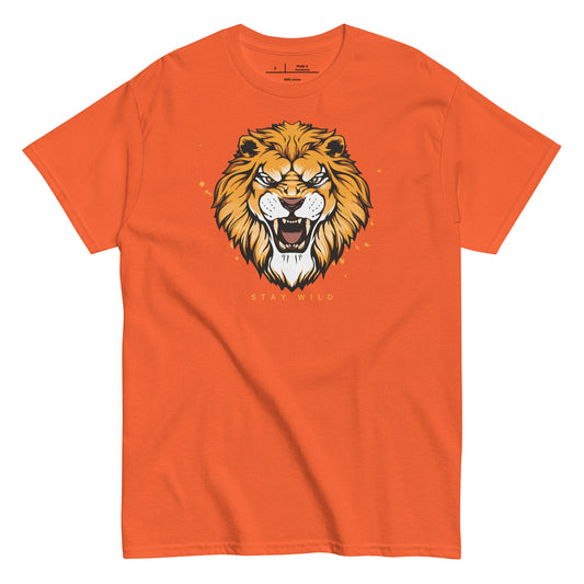 Orange t-shirt with a lion graphic and 'Stay Wild' text on a white background