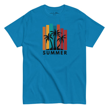 Blue t-shirt with 'Summer' and palm tree design on a white background
