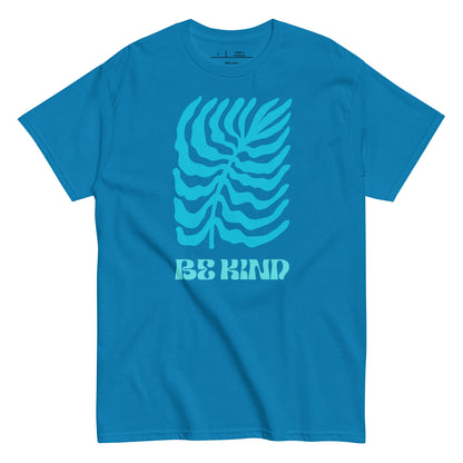 Blue t-shirt with a graphic design and 'Be Kind' text on a white background
