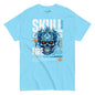 Light blue t-shirt with a graphic design of a skull and text on a white background