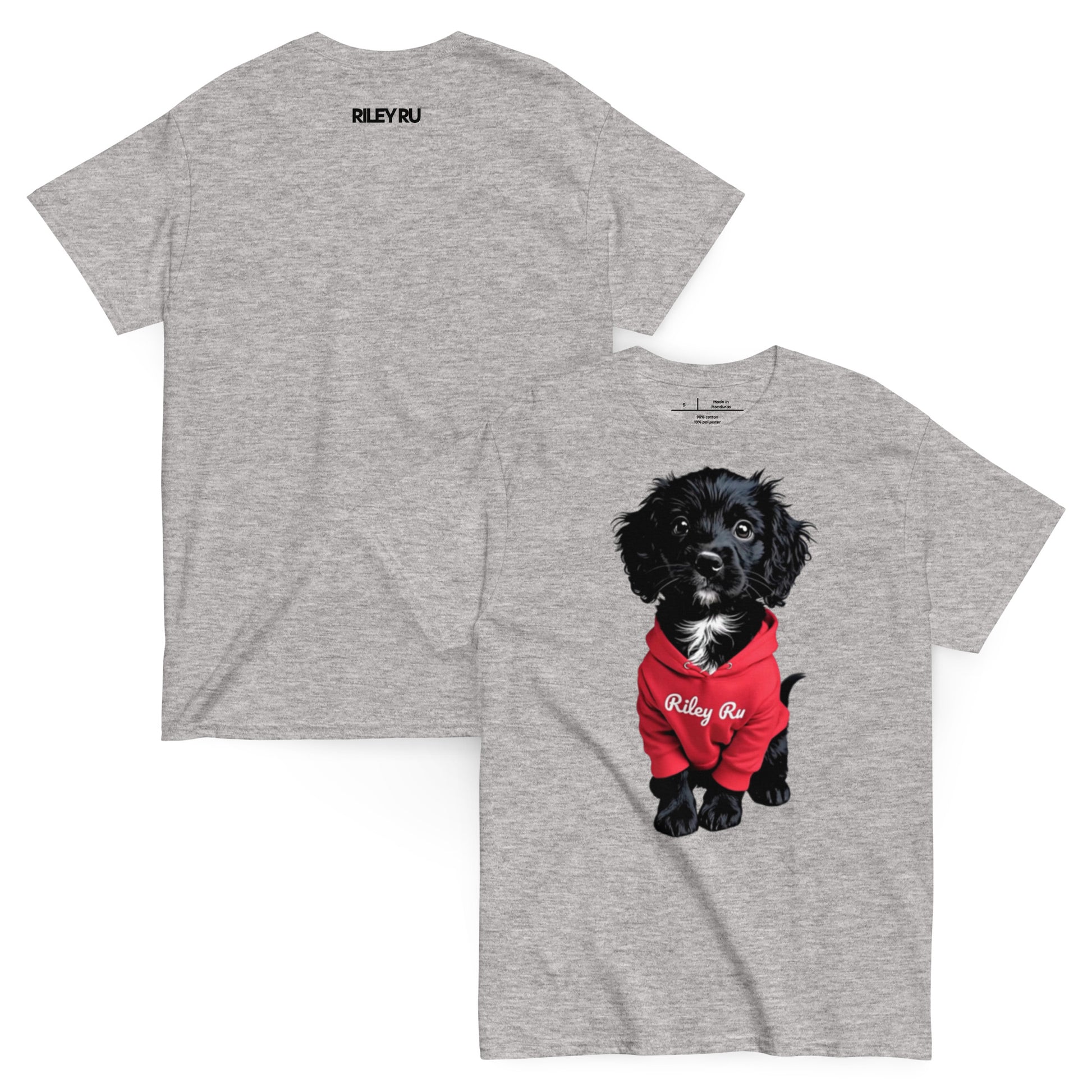 Gray t-shirt with a black puppy in a red hoodie on the front, displayed on a white background.