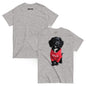 Gray t-shirt with a black puppy in a red hoodie on the front, displayed on a white background.