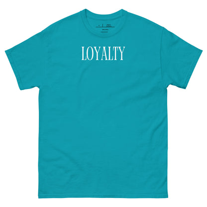 Turquoise t-shirt with 'LOYALTY' printed on a white background