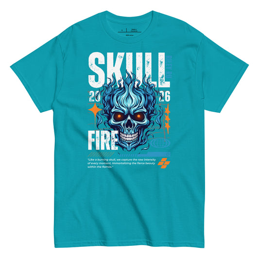 Blue t-shirt with a skull design and text on a white background