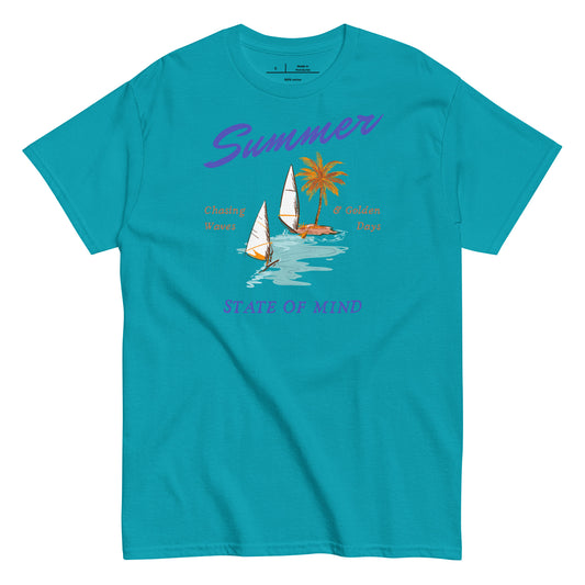 Blue t-shirt with summer-themed design featuring sailboats and palm trees on a white background