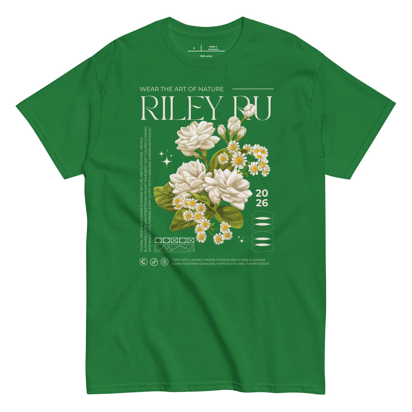 Green t-shirt with floral design and 'Riley Du' branding on a white background