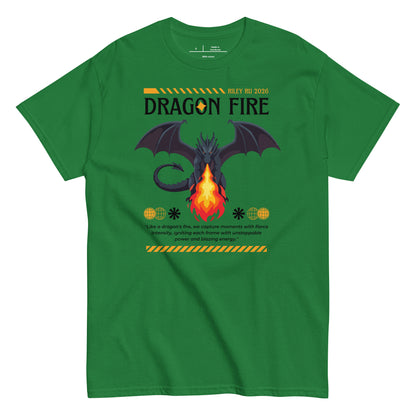 Green t-shirt with dragon graphic and text on a white background