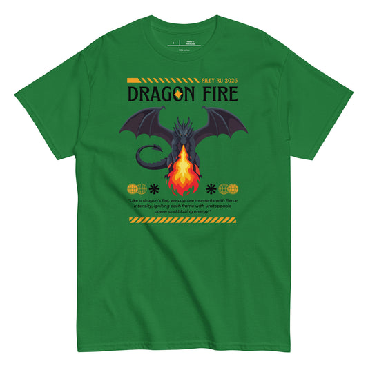 Green t-shirt with dragon graphic and text on a white background