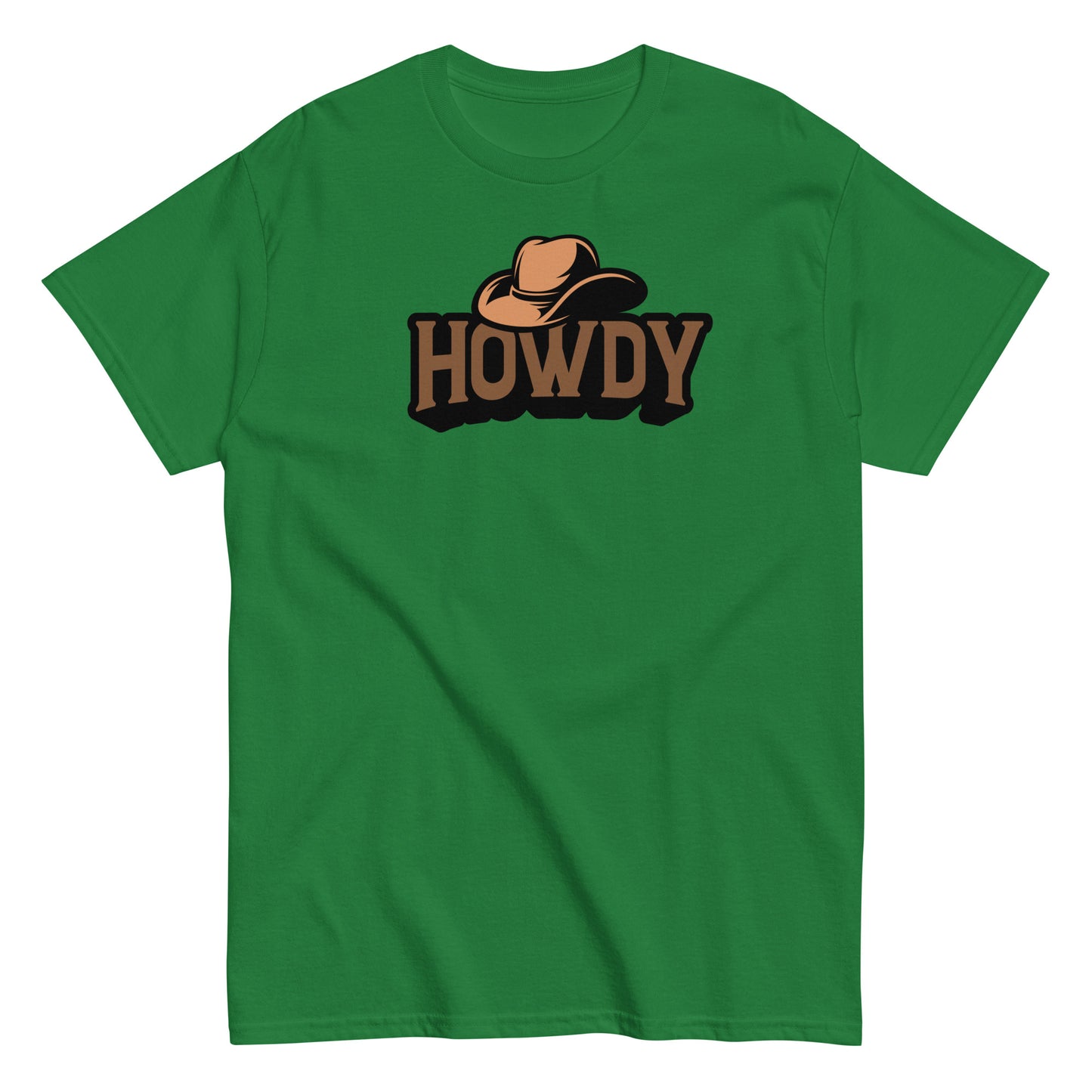 Green t-shirt with 'HOWDY' and a cowboy hat graphic on a white background