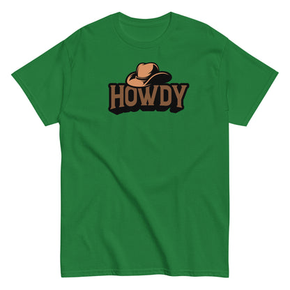 Green t-shirt with 'HOWDY' and a cowboy hat graphic on a white background