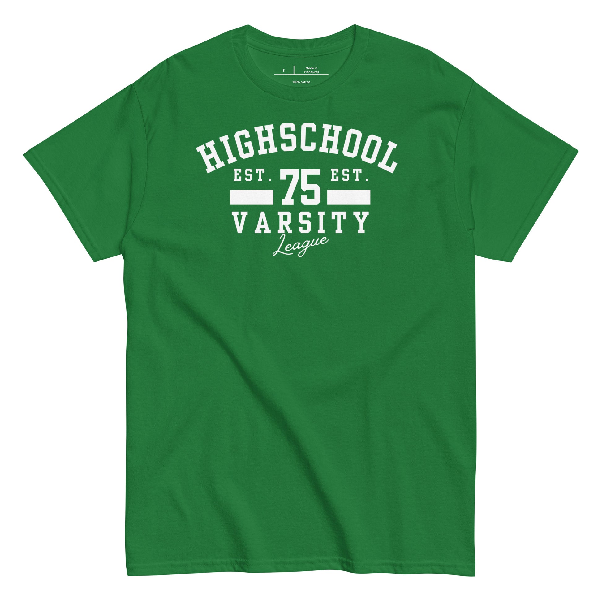 Green t-shirt with white text 'Highschool Varsity League' on a white background