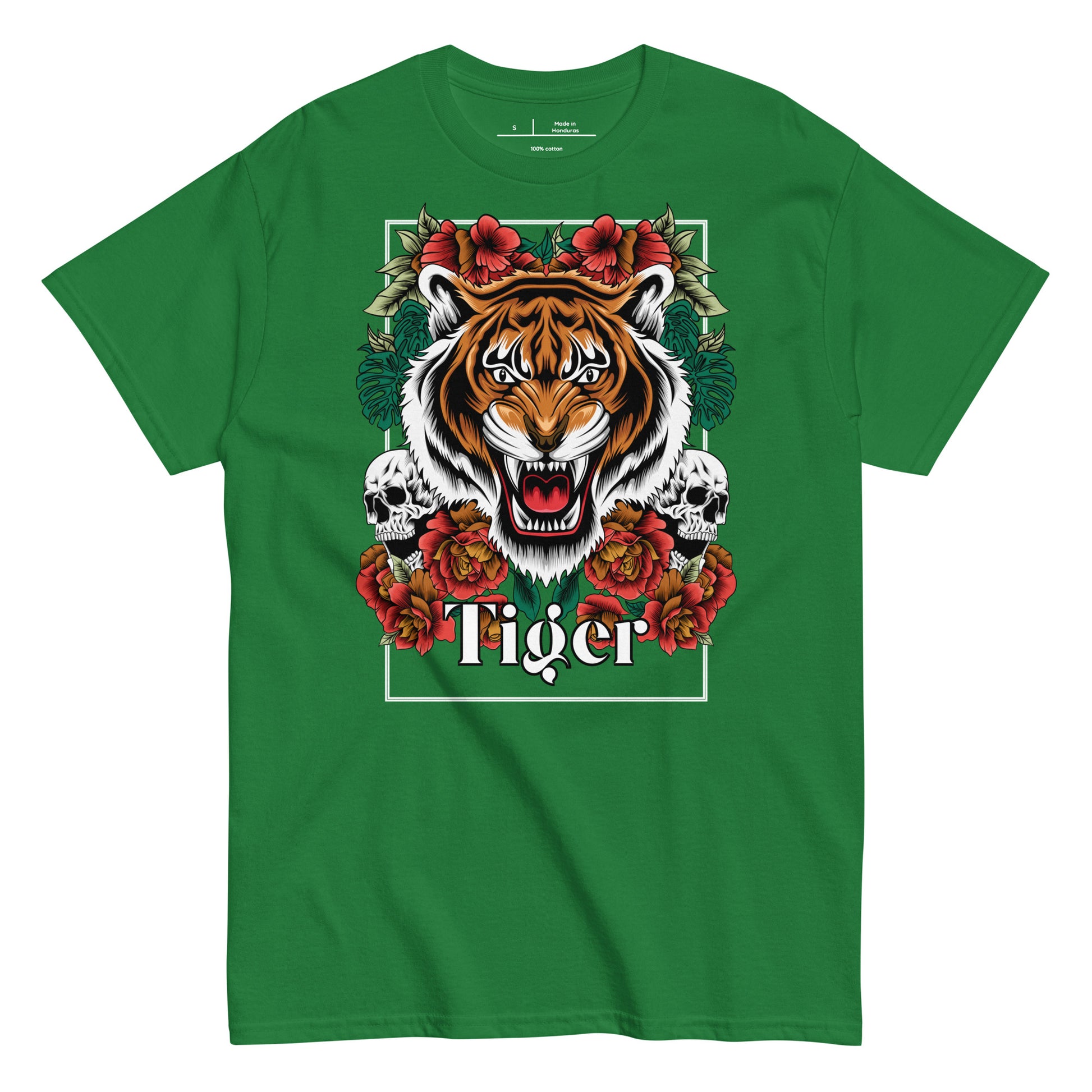 Green t-shirt with a tiger graphic design featuring flowers and skulls on a white background