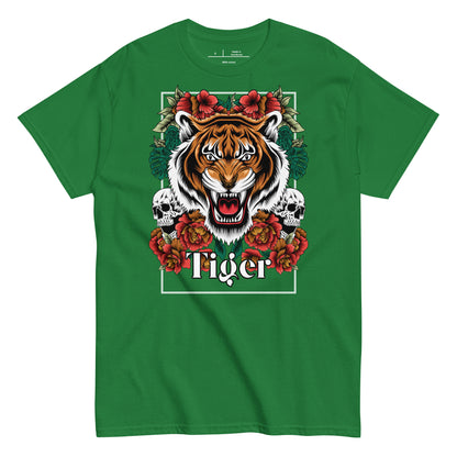 Green t-shirt with a tiger graphic design featuring flowers and skulls on a white background